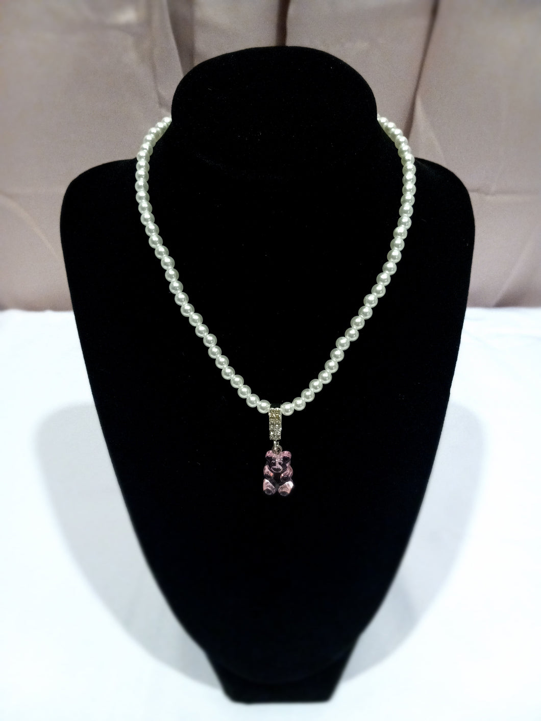Pearl Necklace with Pink Gummy Bear