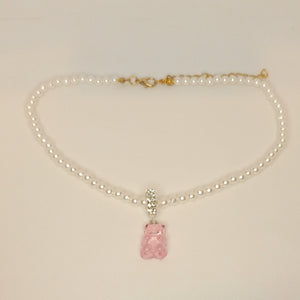Pearl Necklace with Pink Gummy Bear
