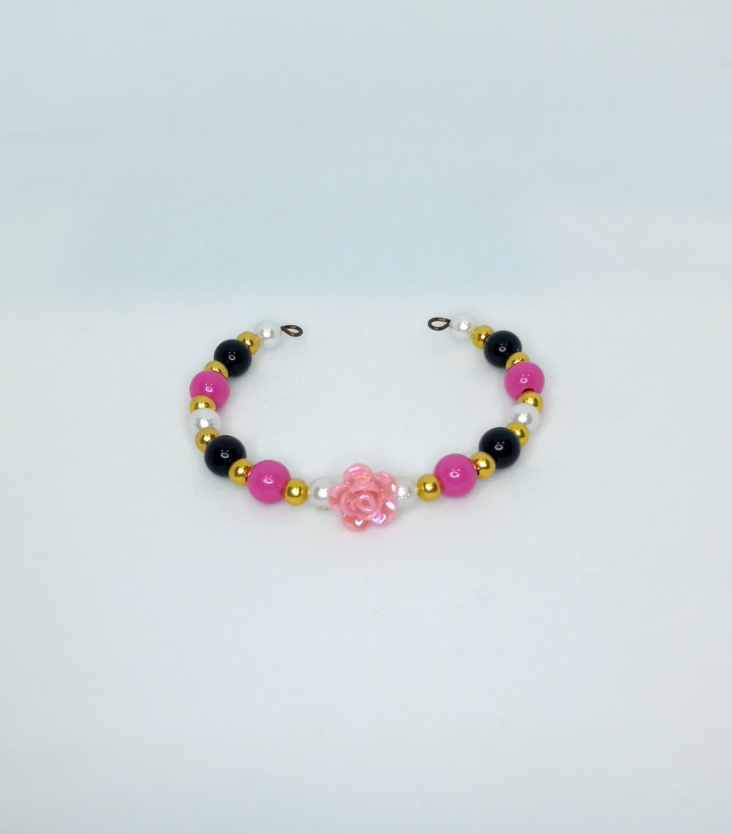 Flower with Pink, Gold, Black, and Pearl Beads Bracelet