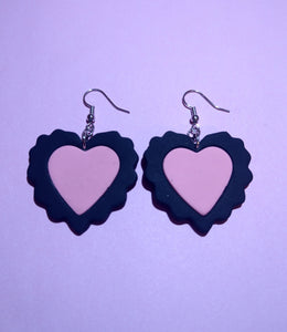 Lace Heart Earrings V2 Black and Pink